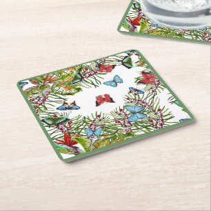 Porta-copo De Papel Quadrado Plantas Tropicais Borboletas Berries Vermelho Azul