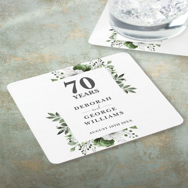 Porta-copo De Papel Quadrado Platina Floral Elegante 70º Aniversário de Casamen (Platinum Elegant Floral 70th Wedding Anniversary Square Paper Coaster)