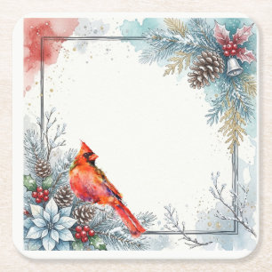 Porta-copo De Papel Quadrado Poinsétia do Pássaro Cardinal Vermelho Folhas Verd