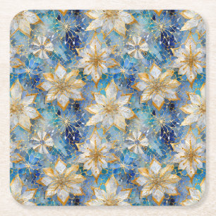 Porta-copo De Papel Quadrado Poinsétias de Natal Azul Branco Dourado