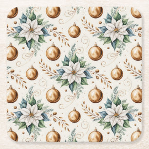 Porta-copo De Papel Quadrado Poinsettia Dourada de Natal Branco Elegante