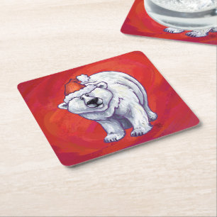 Porta-copo De Papel Quadrado Polar Bear Natal Em Vermelho