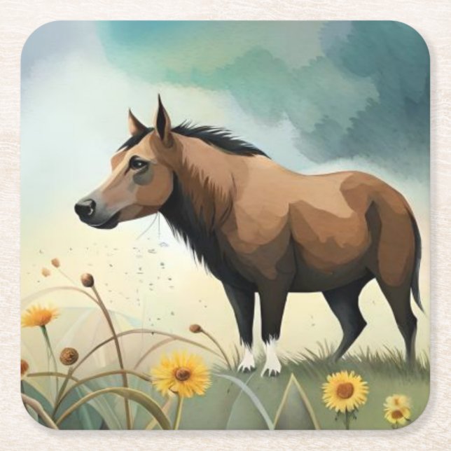 Porta-copo De Papel Quadrado Pônea castanho-branca no campo floral (Frente)