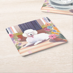Porta-copo De Papel Quadrado Poodle Branco Flores Aquarela de Cachorro