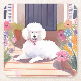 Porta-copo De Papel Quadrado Poodle Branco | Flores Aquarela de Cachorro