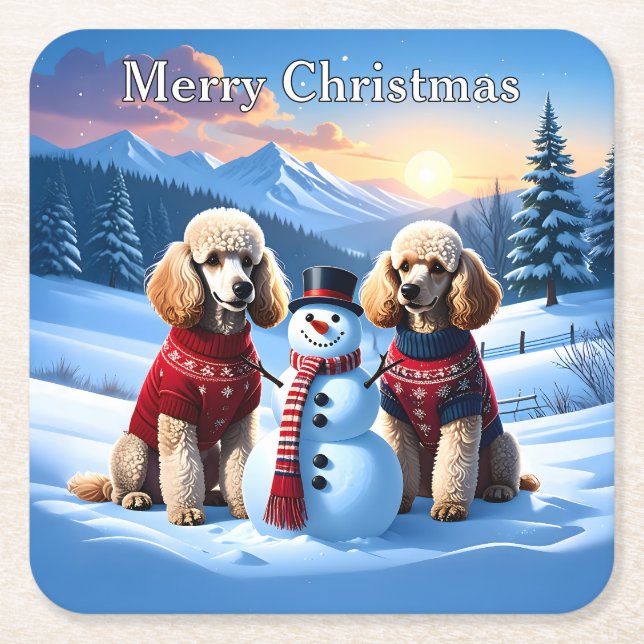 Porta-copo De Papel Quadrado Poodles e Snowman no Natal (Frente)