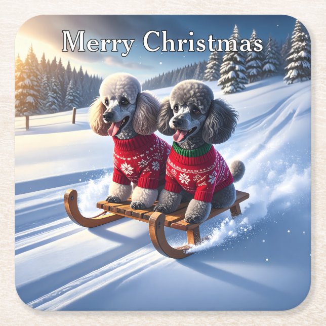 Porta-copo De Papel Quadrado Poodles Sled Ride Christmas (Frente)