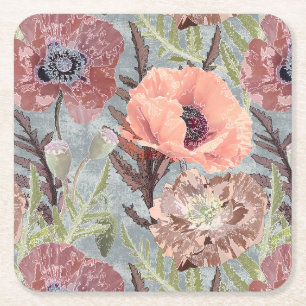 Porta-copo De Papel Quadrado Poppies cor-de-rosa cinza floral de vintagem estil