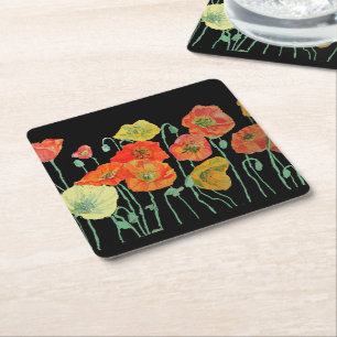 Porta-copo De Papel Quadrado Poppies Flor de Laranja e Preto Papel Coaster