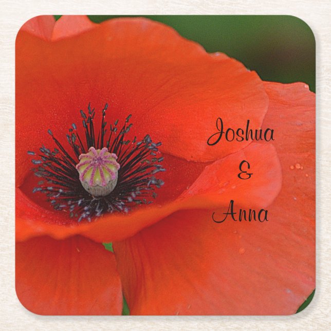 Porta-copo De Papel Quadrado Poppy de Casamento Personalizado (Frente)