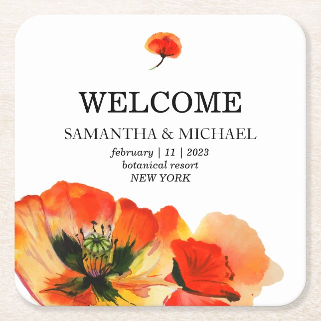 Porta-copo De Papel Quadrado Poppy Red Flower Classic Weding Welcome (Frente)
