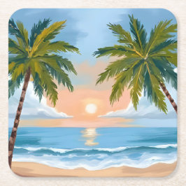 Porta-copo De Papel Quadrado Pôr do sol da palmeira | Casamento na praia tropic