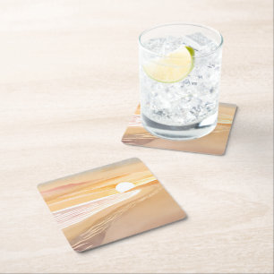 Porta-copo De Papel Quadrado Pôr do Sol na Praia Aquarela   Belo Amarelo 