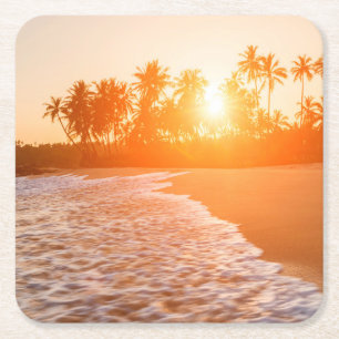 Porta-copo De Papel Quadrado Por do sol na praia com palmas de coco Sri Lanka