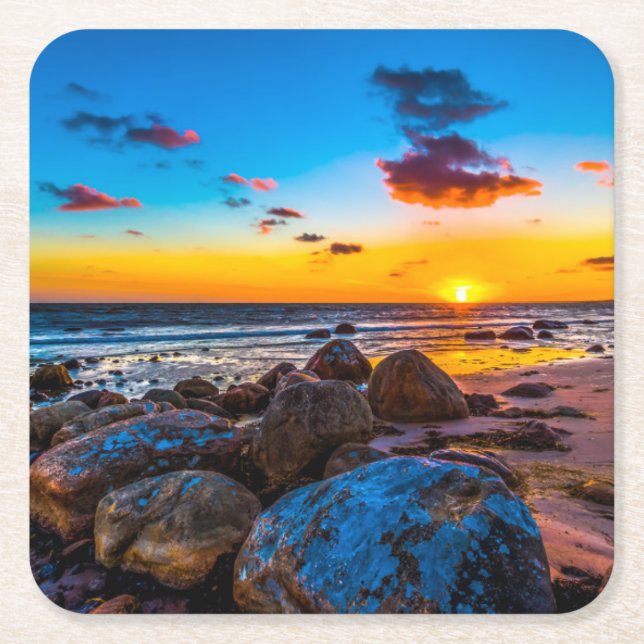 Porta-copo De Papel Quadrado Por do sol no mar (Frente)