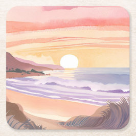 Porta-copo De Papel Quadrado Pôr do Sol no Mar Corado | Pintura em Aquarela da 