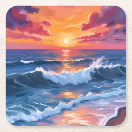 Porta-copo De Papel Quadrado Pôr do Sol no Oceano Ondas da Praia Aquarela