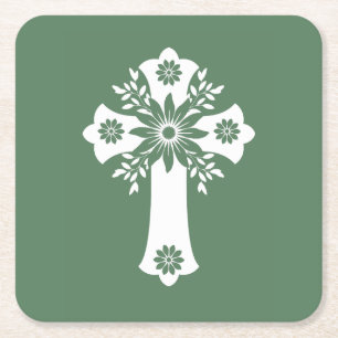 Porta-copo De Papel Quadrado Porta copos Floral Cross Fern Green