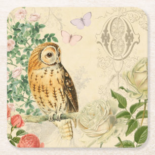 Porta-copo De Papel Quadrado Porta copos floral da coruja do vintage com rosas
