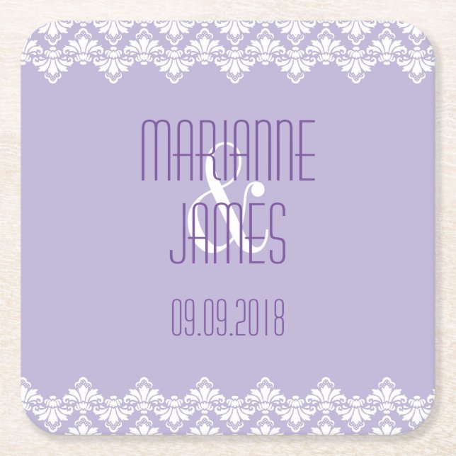 Porta-copo De Papel Quadrado Porta copos personalizada Lilac Roxo Damask (Frente)
