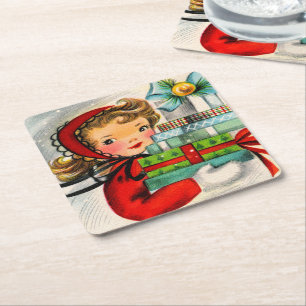 Porta-copo De Papel Quadrado Porta copos retro da festa natalícia da menina do
