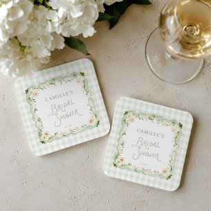 Porta-copo De Papel Quadrado Porte-copos de papel Gingham floral verde para chá