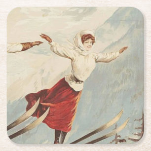 Porta-copo De Papel Quadrado Poster de Esqui Francês Chamonix Mont Blanc Vintag