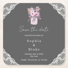 Porta-copo De Papel Quadrado Pote de Pedra com Renda Country Cinza Data de Casa