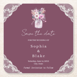 Porta-copo De Papel Quadrado Pote de Pedra Lace Country Burgundy Salve a Data