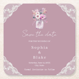 Porta-copo De Papel Quadrado Pote de Pedra Lace Country Rosa Salve a Data