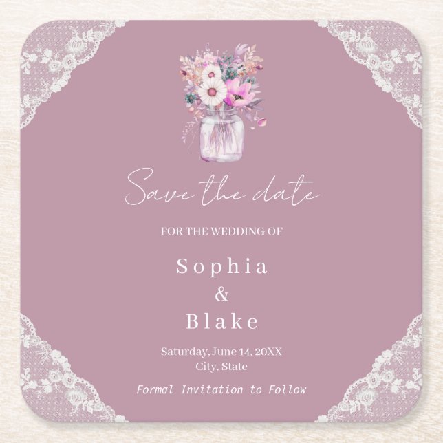 Porta-copo De Papel Quadrado Pote de Pedra Lace Country Rosa Save the Date (Frente)