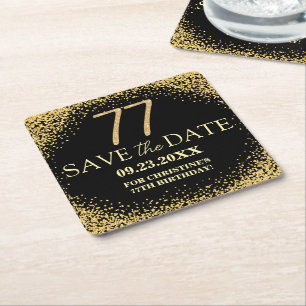 Porta-copo De Papel Quadrado Poupe a Data de 77º Aniversário Black Gold Glitter
