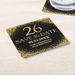 Porta-copo De Papel Quadrado Poupe a Data de Aniversário de 26 anos Black Gold