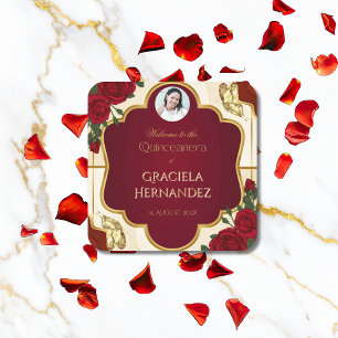 Porta-copo De Papel Quadrado Pousa-copos de papel Burgundy & Gold Rose Quinceañ