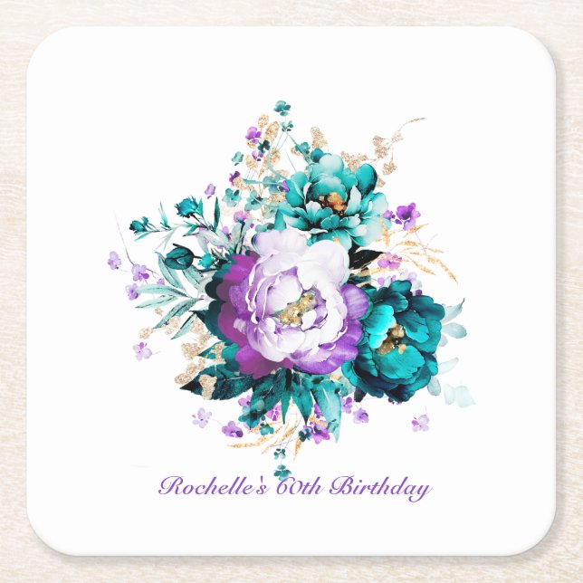 Porta-copo De Papel Quadrado Pousa-flores Turquesa, Roxo e Dourado  (Frente)