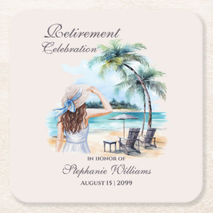 Porta-copo De Papel Quadrado Praia da Aposentadoria Feminina com Aquarela