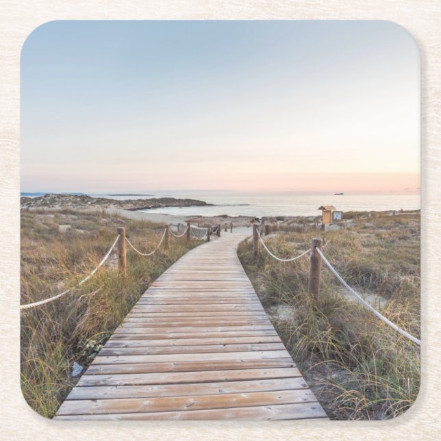 Porta-copo De Papel Quadrado Praia do Es Pujols no alvorecer (Frente)