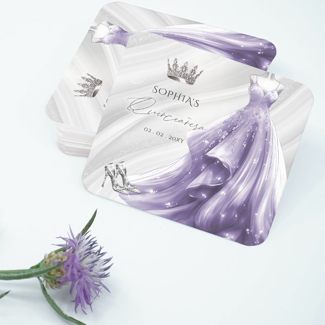 Porta-copo De Papel Quadrado Prata Roxo princesa Quinceañera (Silver Purple Dress Princess Quinceañera Square Paper Coaster)