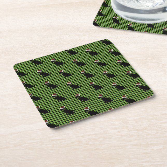 Porta-copo De Papel Quadrado Preppy Black Lab Padrão de Natal Gingham Verde (Inclinado)
