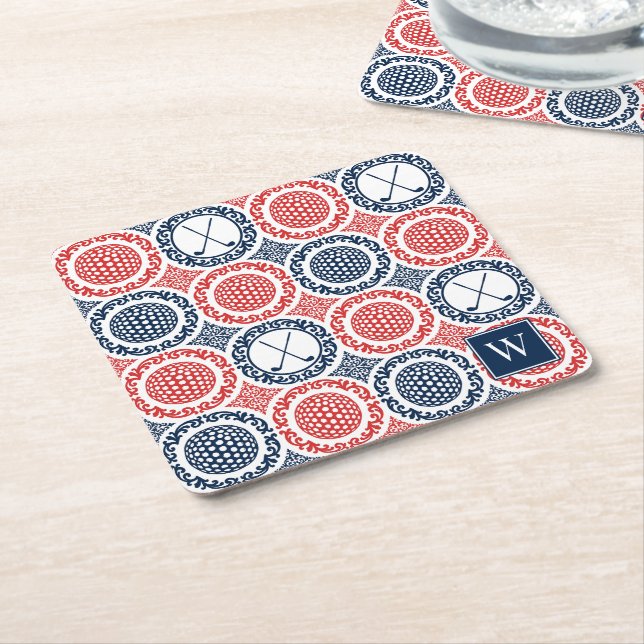Porta-copo De Papel Quadrado Preppy Golf Damask - Balls & Clubs in Navy & Red (Inclinado)