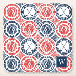 Porta-copo De Papel Quadrado Preppy Golf Damask - Balls & Clubs in Navy & Red