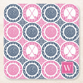 Porta-copo De Papel Quadrado Preppy Golf Damask - Balls & Clubs Navy & Hot Pink