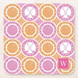 Porta-copo De Papel Quadrado Preppy Golf Damask - Balls & Clubs - Orange & Pink