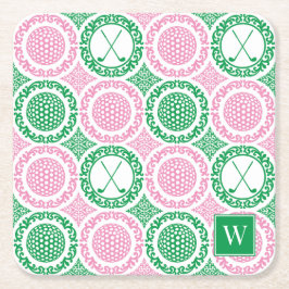 Porta-copo De Papel Quadrado Preppy Golf Damask - Balls & Clubs - Pink & Green