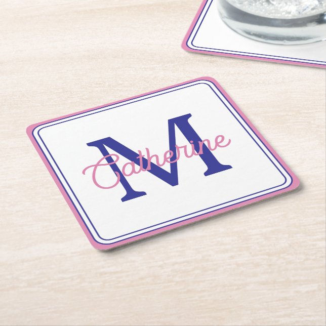 Porta-copo De Papel Quadrado Preppy Pink and Navy Blue Simple Monogram (Inclinado)