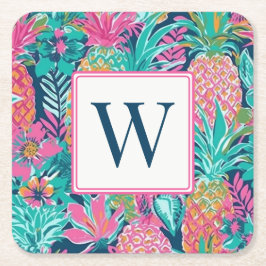 Porta-copo De Papel Quadrado Preppy Pink Teal Navy Blue Pineapple Monogram