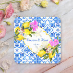 Porta-copo De Papel Quadrado Presente de casamento azulejos azuis limão Bougain<br><div class="desc">Azulejos azuis Bougainvillea e limão Amalfi Positano estilo mediterrânico favorito casamento personalizado presente portas copos de papel de nome personalizado,  presentes personalizados de noivas.</div>