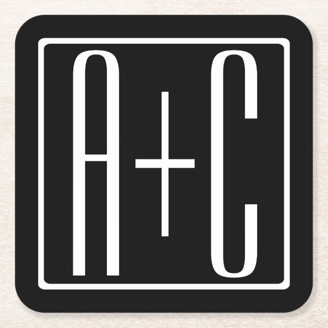 Porta-copo De Papel Quadrado Preto & Branco | Iniciais de Casais (Frente)