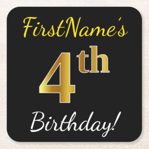 Porta-copo De Papel Quadrado Preto, Dourado Falso Aniversário de 4 anos + Nome 