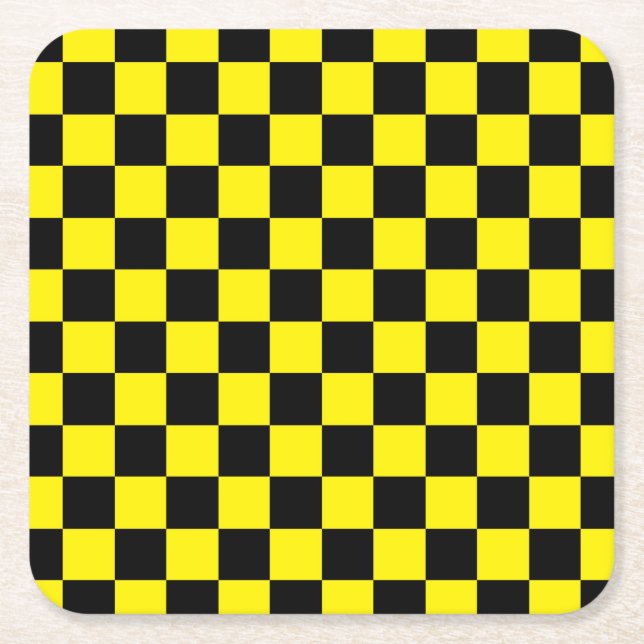 Porta-copo De Papel Quadrado Preto e amarelo Checkered (Frente)